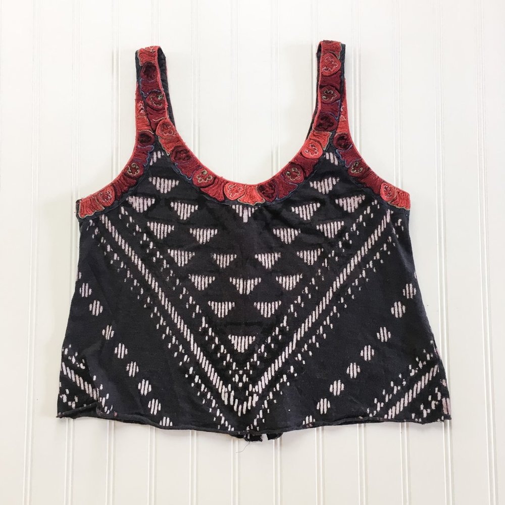 Free People Black & Red Embroidered Crop Tank